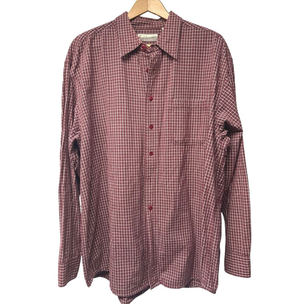Vintage Fieldmaster Men’s Maroon White Plaid Long Sleeve Button Up Shirt XL